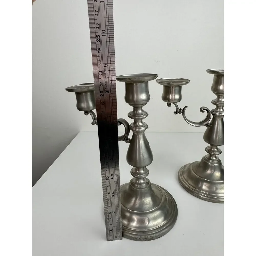 Vintage American Pewter Silver Stainless Steel Decor 2 Candle Holder Stick Set